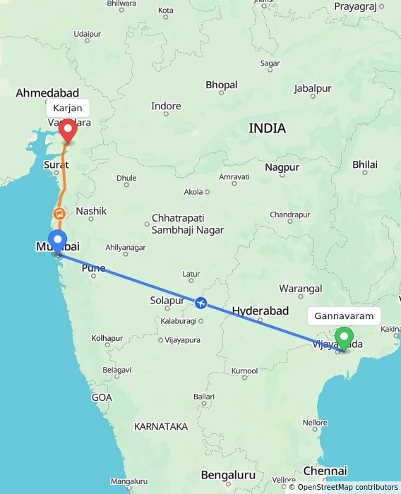 Route map showing distance and travel time from Gannavaram, India to Karjan, India
