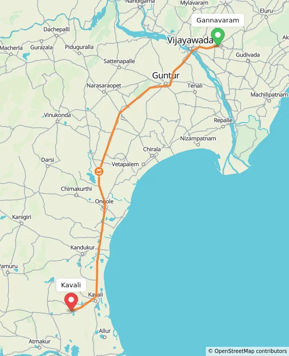 Route map showing distance and travel time from Gannavaram, India to Kavali, India