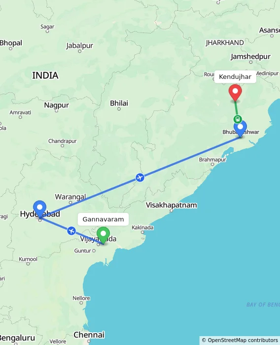 Route map showing distance and travel time from Gannavaram, India to Kendujhar, India