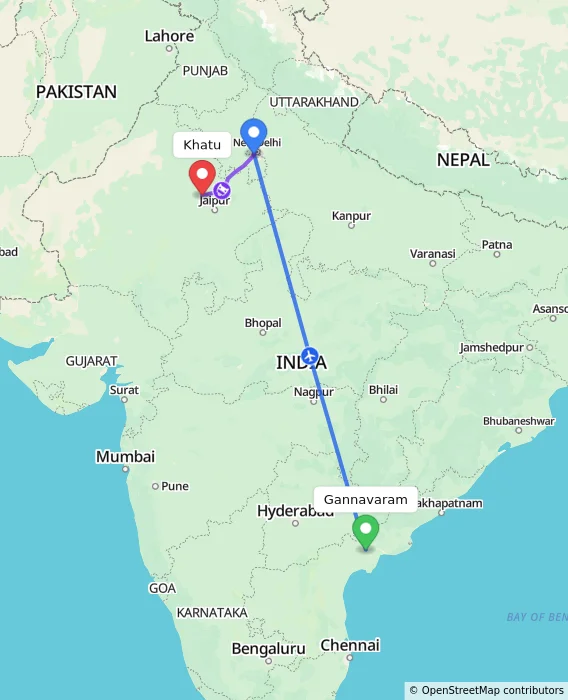 Route map showing distance and travel time from Gannavaram, India to Khatu, India