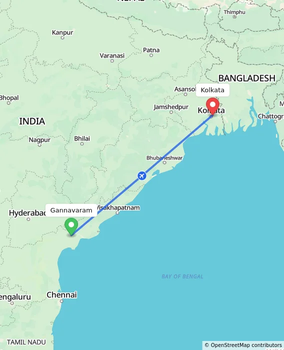 Route map showing distance and travel time from Gannavaram, India to Kolkata, India
