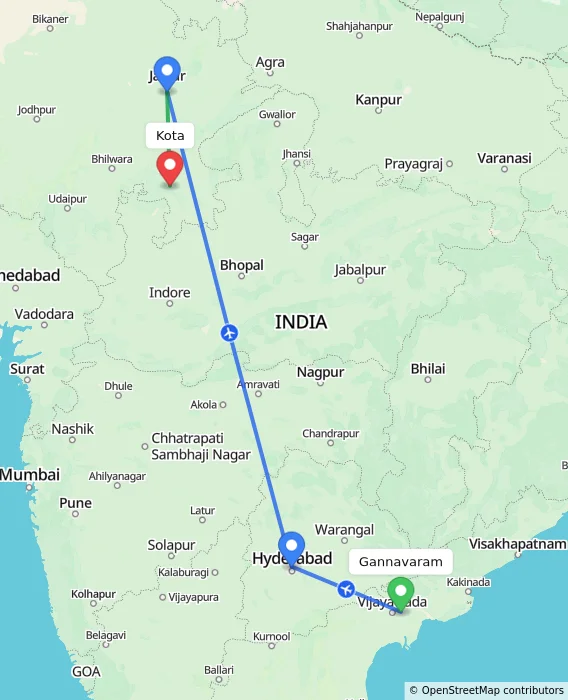 Route map showing distance and travel time from Gannavaram, India to Kota, India