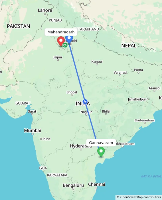 Route map showing distance and travel time from Gannavaram, India to Mahendragarh, India