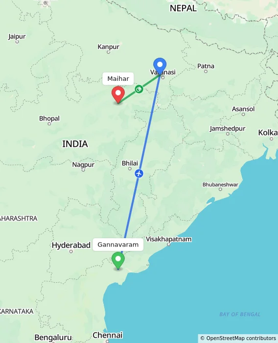 Route map showing distance and travel time from Gannavaram, India to Maihar, India