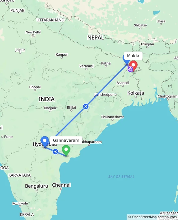 Route map showing distance and travel time from Gannavaram, India to Malda, India