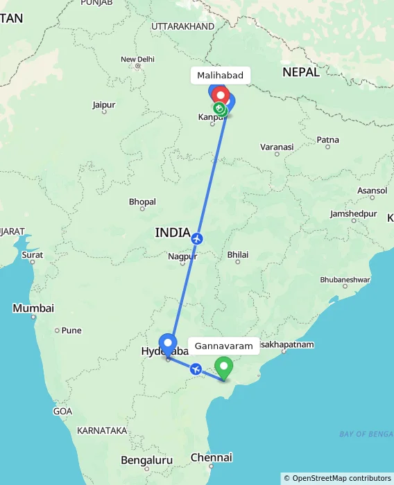 Route map showing distance and travel time from Gannavaram, India to Malihabad, India