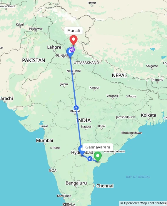 Route map showing distance and travel time from Gannavaram, India to Manali, India