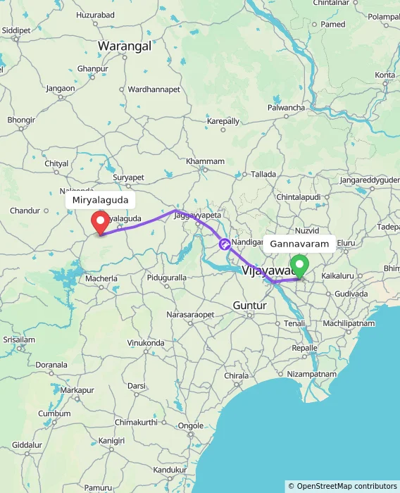 Route map showing distance and travel time from Gannavaram, India to Miryalaguda, India