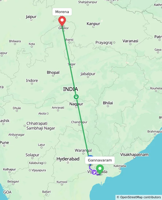 Route map showing distance and travel time from Gannavaram, India to Morena, India