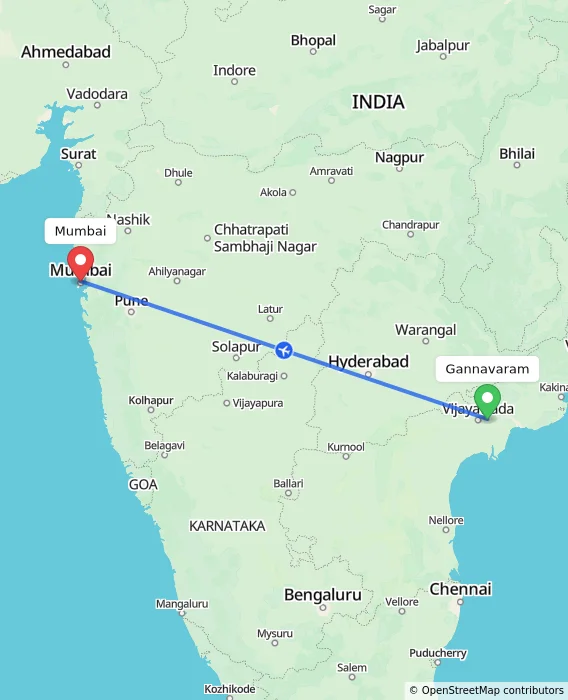 Route map showing distance and travel time from Gannavaram, India to Mumbai, India