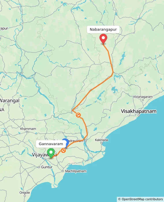Route map showing distance and travel time from Gannavaram, India to Nabarangapur, India