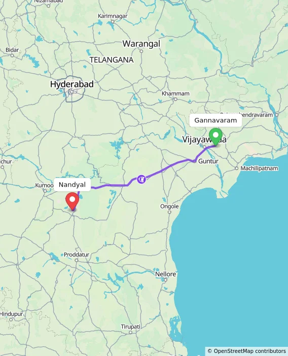 Route map showing distance and travel time from Gannavaram, India to Nandyal, India