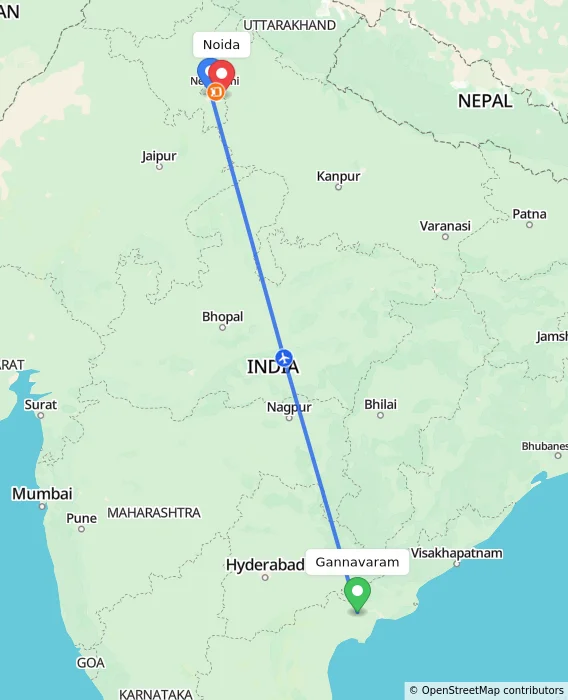 Route map showing distance and travel time from Gannavaram, India to Noida, India