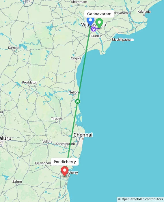 Route map showing distance and travel time from Gannavaram, India to Puducherry, India