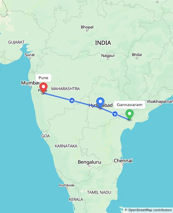 Route map showing distance and travel time from Gannavaram, India to Pune, India