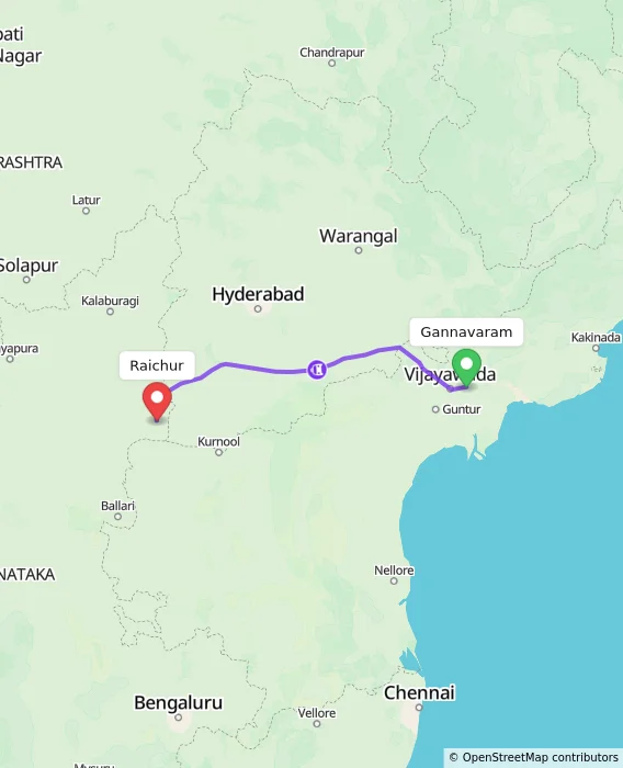 Route map showing distance and travel time from Gannavaram, India to Raichur, India