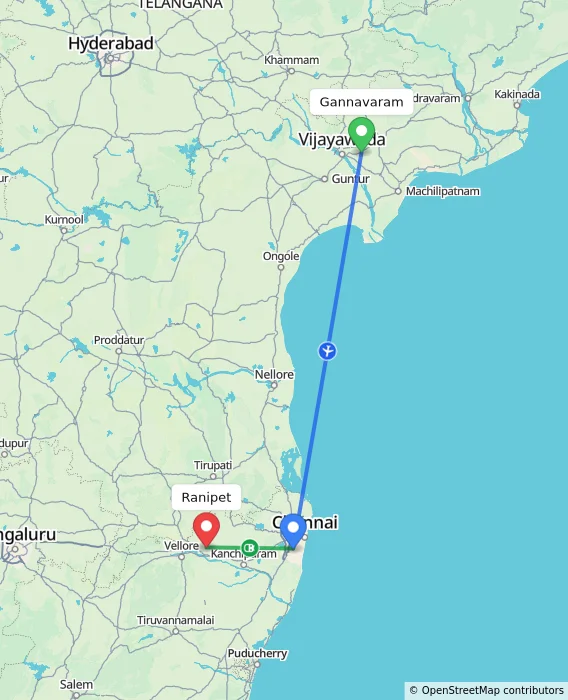 Route map showing distance and travel time from Gannavaram, India to Ranipet, India