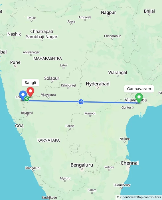 Route map showing distance and travel time from Gannavaram, India to Sangli, India
