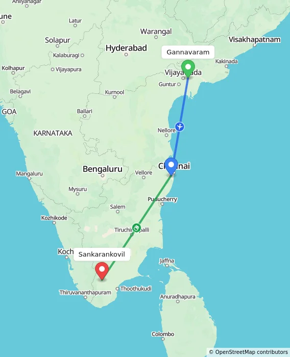 Route map showing distance and travel time from Gannavaram, India to Sankarankovil, India