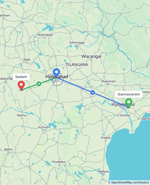 Route map showing distance and travel time from Gannavaram, India to Sedam, India