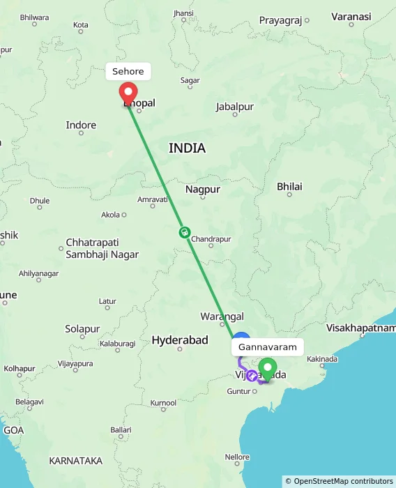 Route map showing distance and travel time from Gannavaram, India to Sehore, India