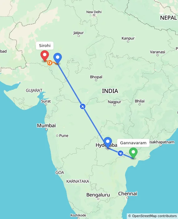 Route map showing distance and travel time from Gannavaram, India to Sirohi, India