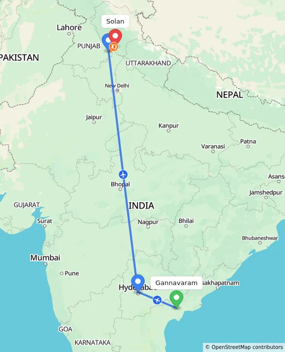 Route map showing distance and travel time from Gannavaram, India to Solan, India