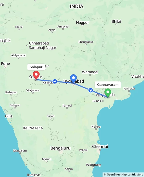 Route map showing distance and travel time from Gannavaram, India to Solapur, India