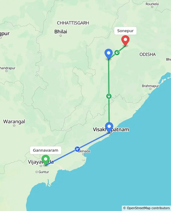 Route map showing distance and travel time from Gannavaram, India to Sonepur, India