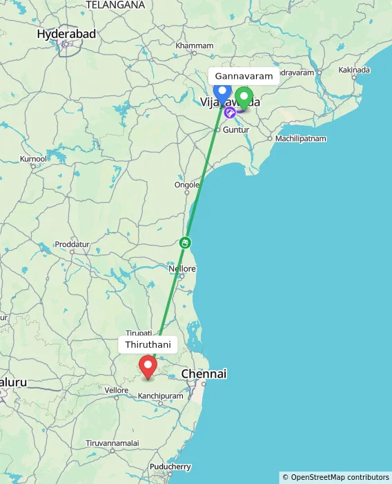 Route map showing distance and travel time from Gannavaram, India to Thiruthani, India