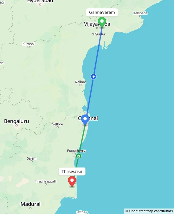 Route map showing distance and travel time from Gannavaram, India to Thiruvarur, India