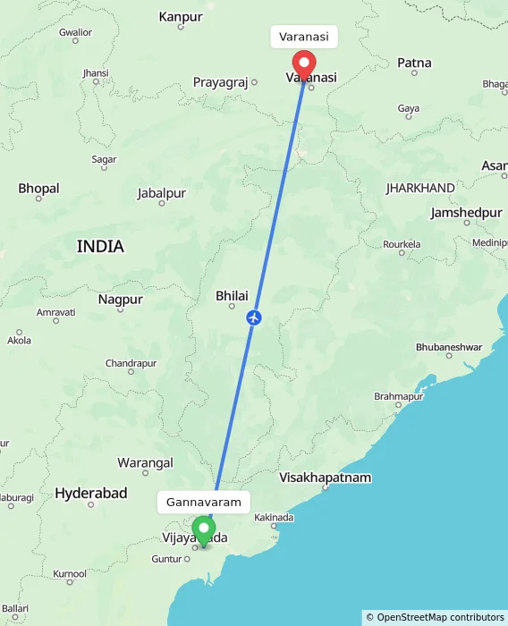 Route map showing distance and travel time from Gannavaram, India to Varanasi, India