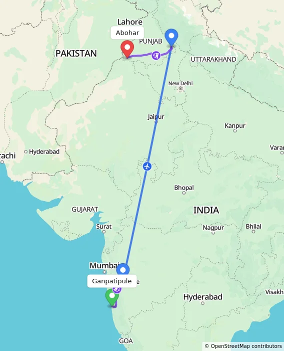 Route map showing distance and travel time from Ganpatipule, India to Abohar, India