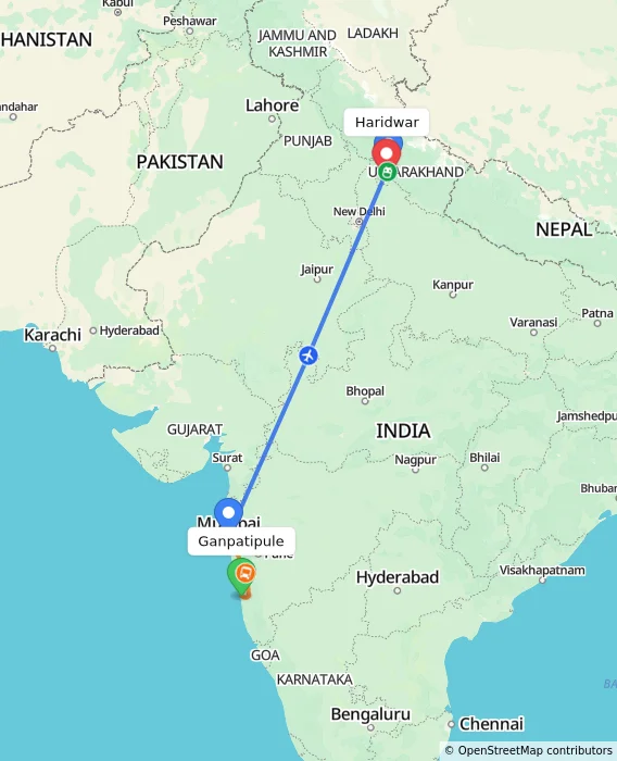 Route map showing distance and travel time from Ganpatipule, India to Haridwar, India