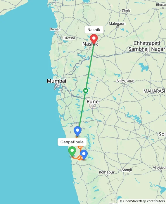 Route map showing distance and travel time from Ganpatipule, India to Nashik, India