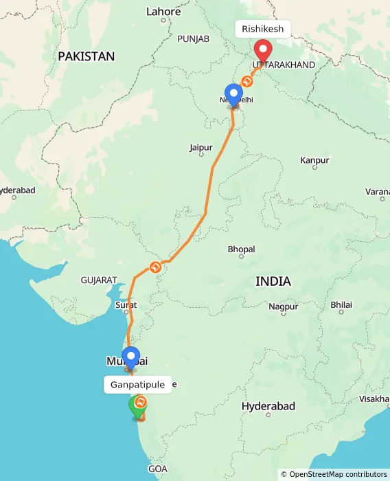 Route map showing distance and travel time from Ganpatipule, India to Rishikesh, India