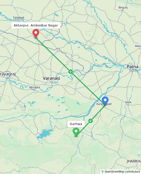 Route map showing distance and travel time from Garhwa, India to Akbarpur, Ambedkar Nagar, India