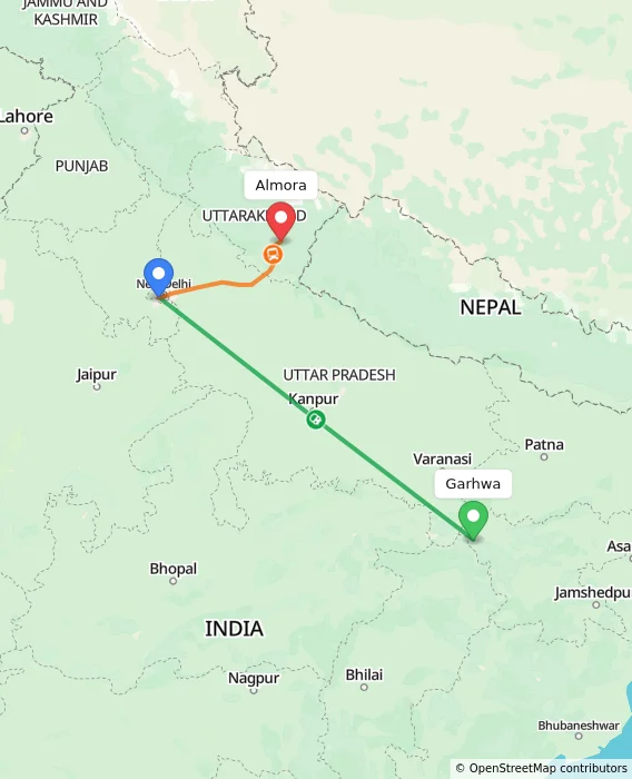 Route map showing distance and travel time from Garhwa, India to Almora, India