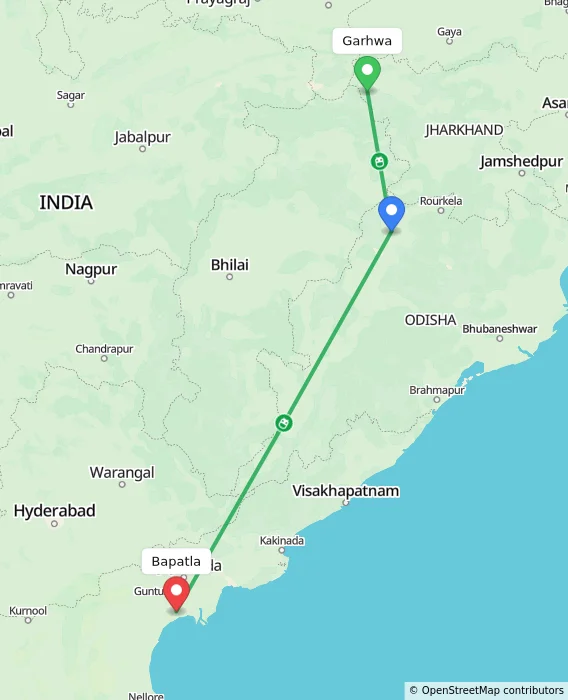 Route map showing distance and travel time from Garhwa, India to Bapatla, India