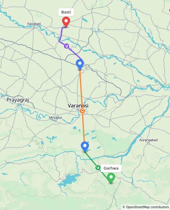 Route map showing distance and travel time from Garhwa, India to Basti, India
