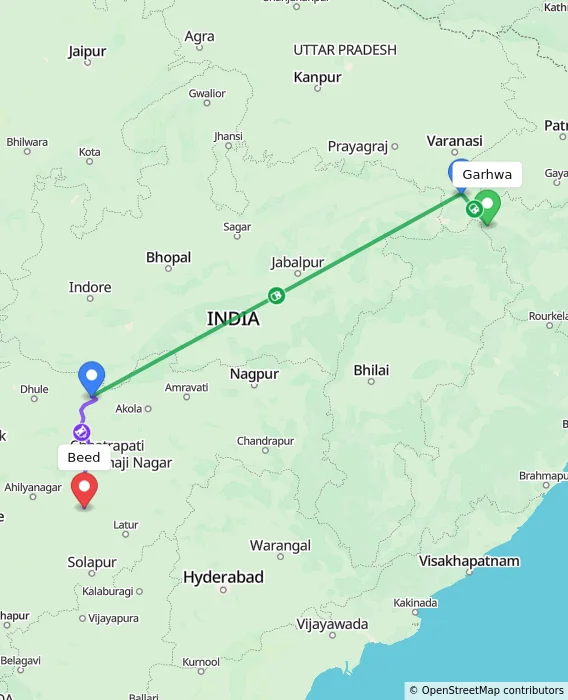 Route map showing distance and travel time from Garhwa, India to Beed, India