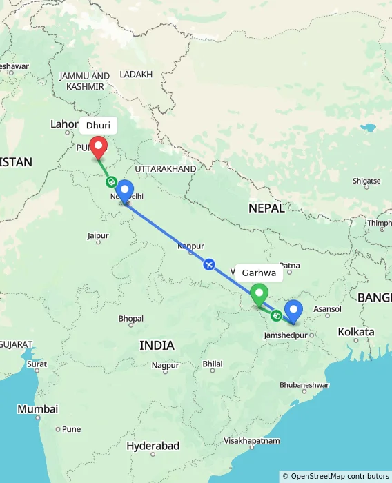 Route map showing distance and travel time from Garhwa, India to Dhuri, India