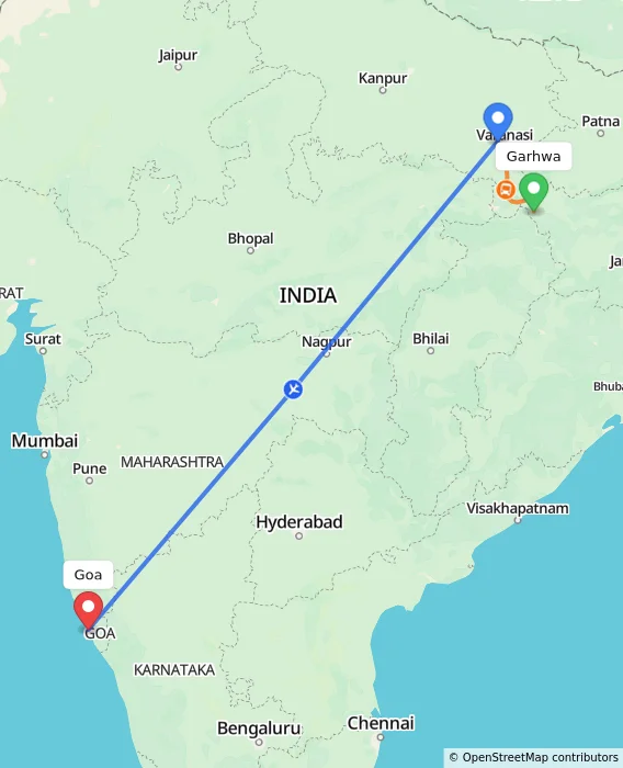 Route map showing distance and travel time from Garhwa, India to Goa, India