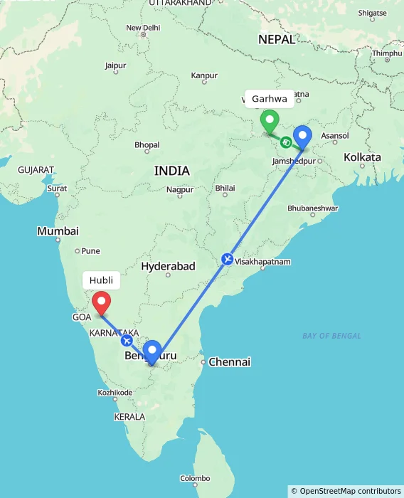 Route map showing distance and travel time from Garhwa, India to Hubli, India