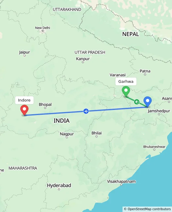 Route map showing distance and travel time from Garhwa, India to Indore, India