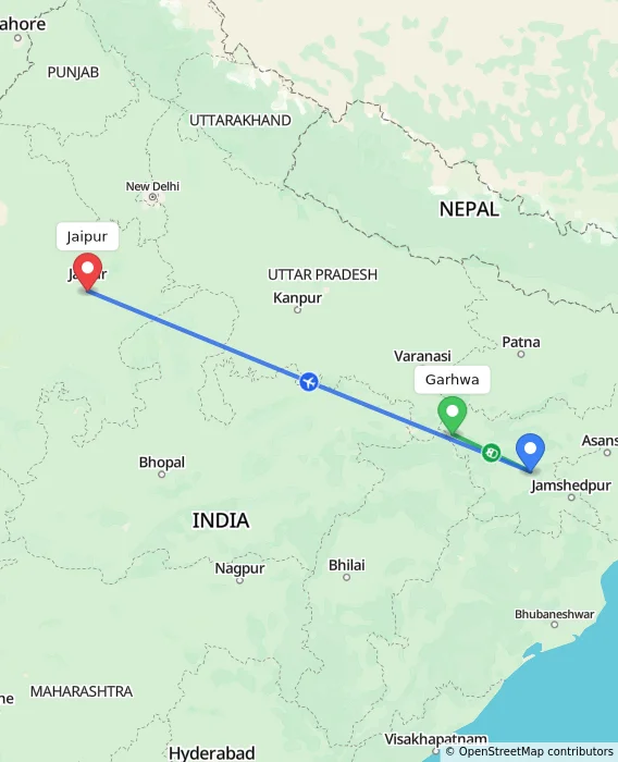Route map showing distance and travel time from Garhwa, India to Jaipur, India