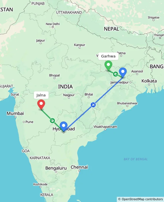 Route map showing distance and travel time from Garhwa, India to Jalna, India