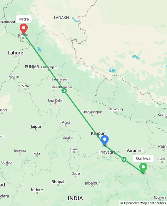 Route map showing distance and travel time from Garhwa, India to Katra, India