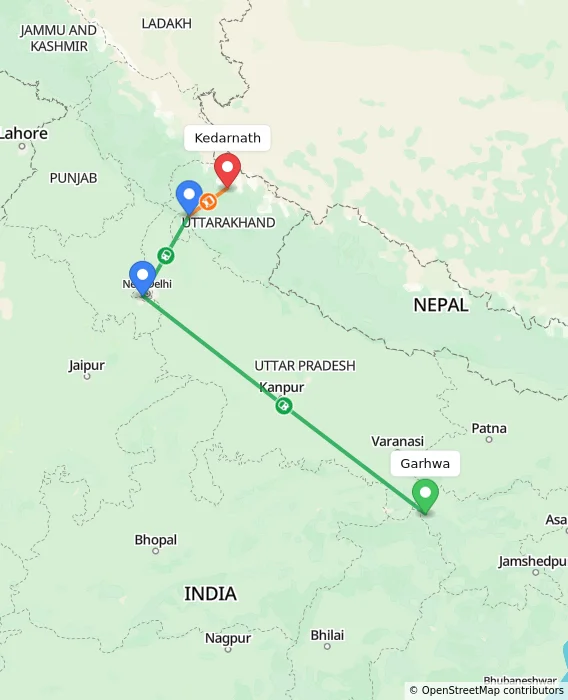 Route map showing distance and travel time from Garhwa, India to Kedarnath, India