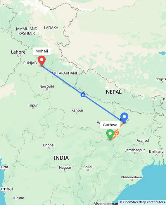 Route map showing distance and travel time from Garhwa, India to Mohali, India
